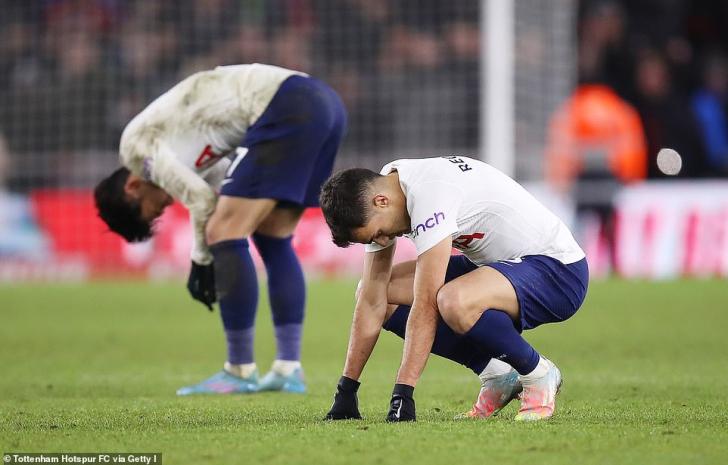 Tottenham stars including Sergio Reguilon look on after suffering yet another cup competition exit to lower opposition