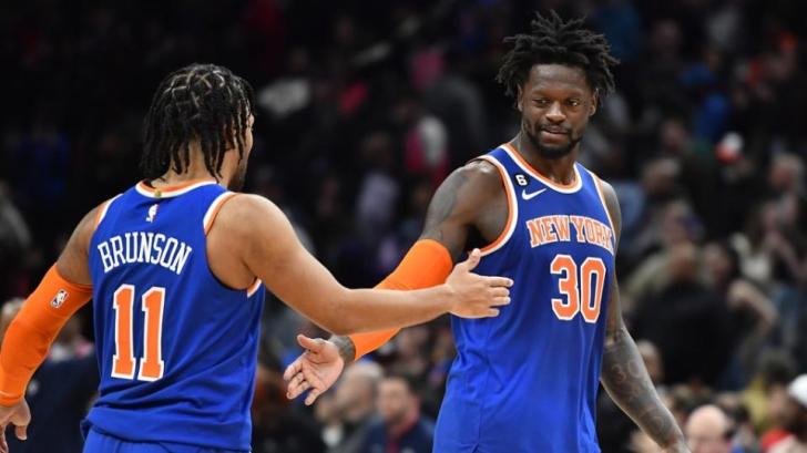 Feb 24, 2023; Washington, District of Columbia, USA; New York Knicks forward Julius Randle (30) celebrates with guard Jalen Brunson (11) after the game against the Washington Wizards during the second half at Capital One Arena.