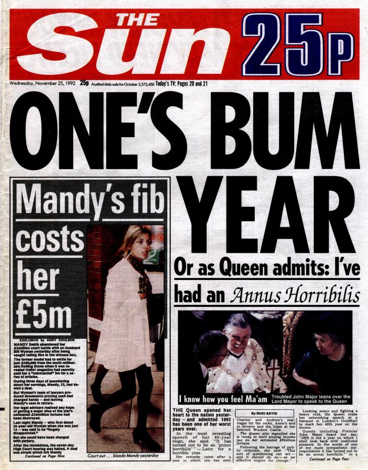  Her Majesty hasn't had such a bad year since her Annus Horribilis - pictured The Sun's 1992 front page